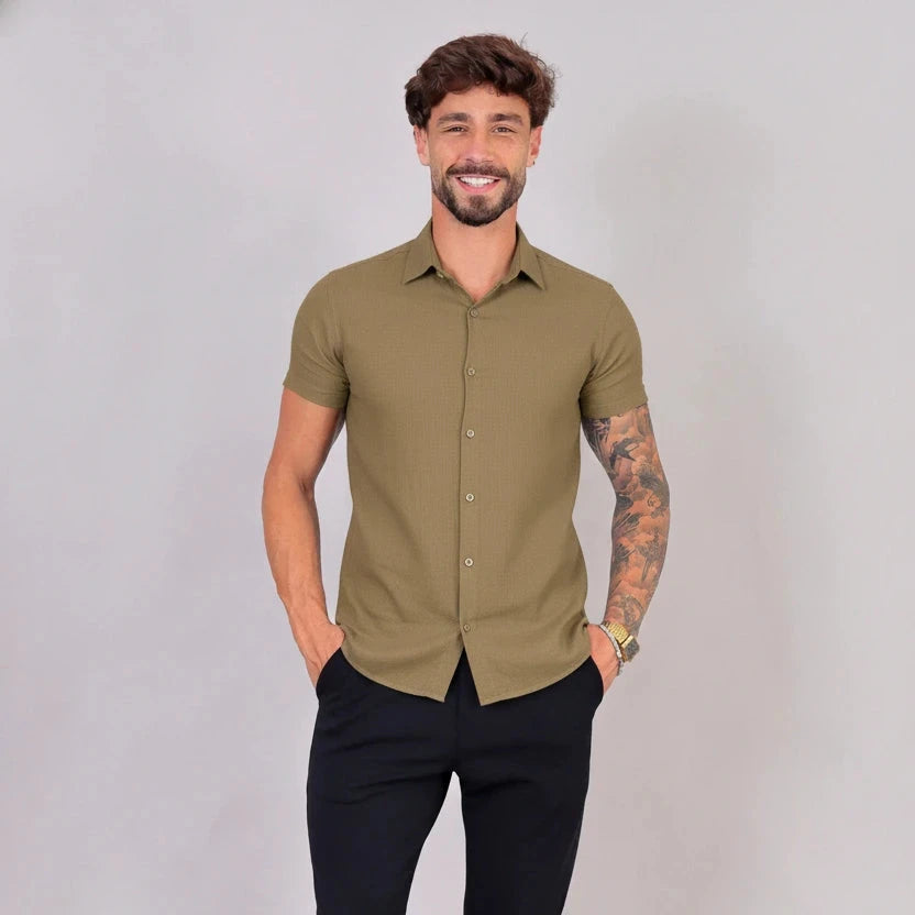 Camisa de Linho Gola Italiana Marrom Camisa de Linho Falconne 