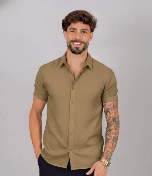 Camisa de Linho Gola Italiana Marrom Camisa de Linho Falconne 