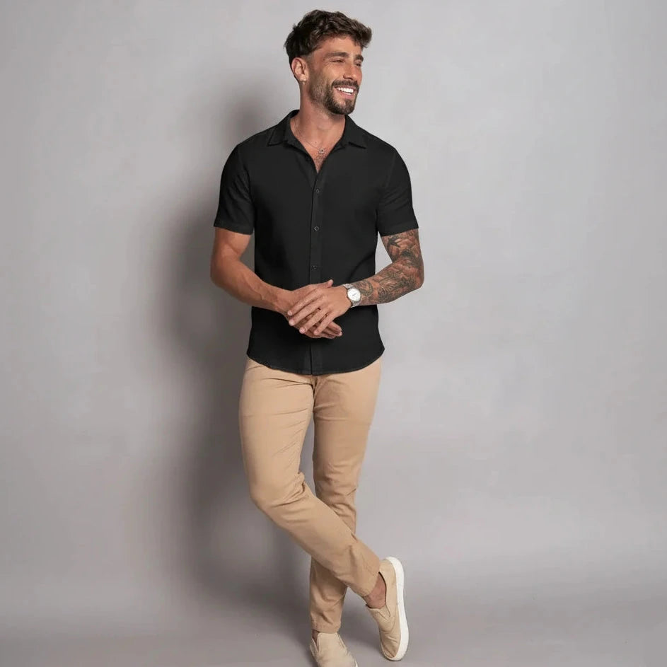 Camisa de Linho Gola Italiana Preta Camisa de Linho Falconne 