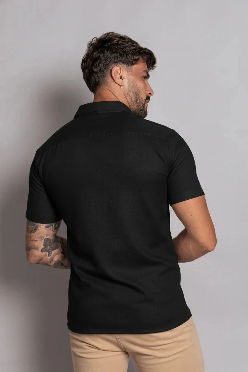 Camisa de Linho Gola Italiana Preta Camisa de Linho Falconne 