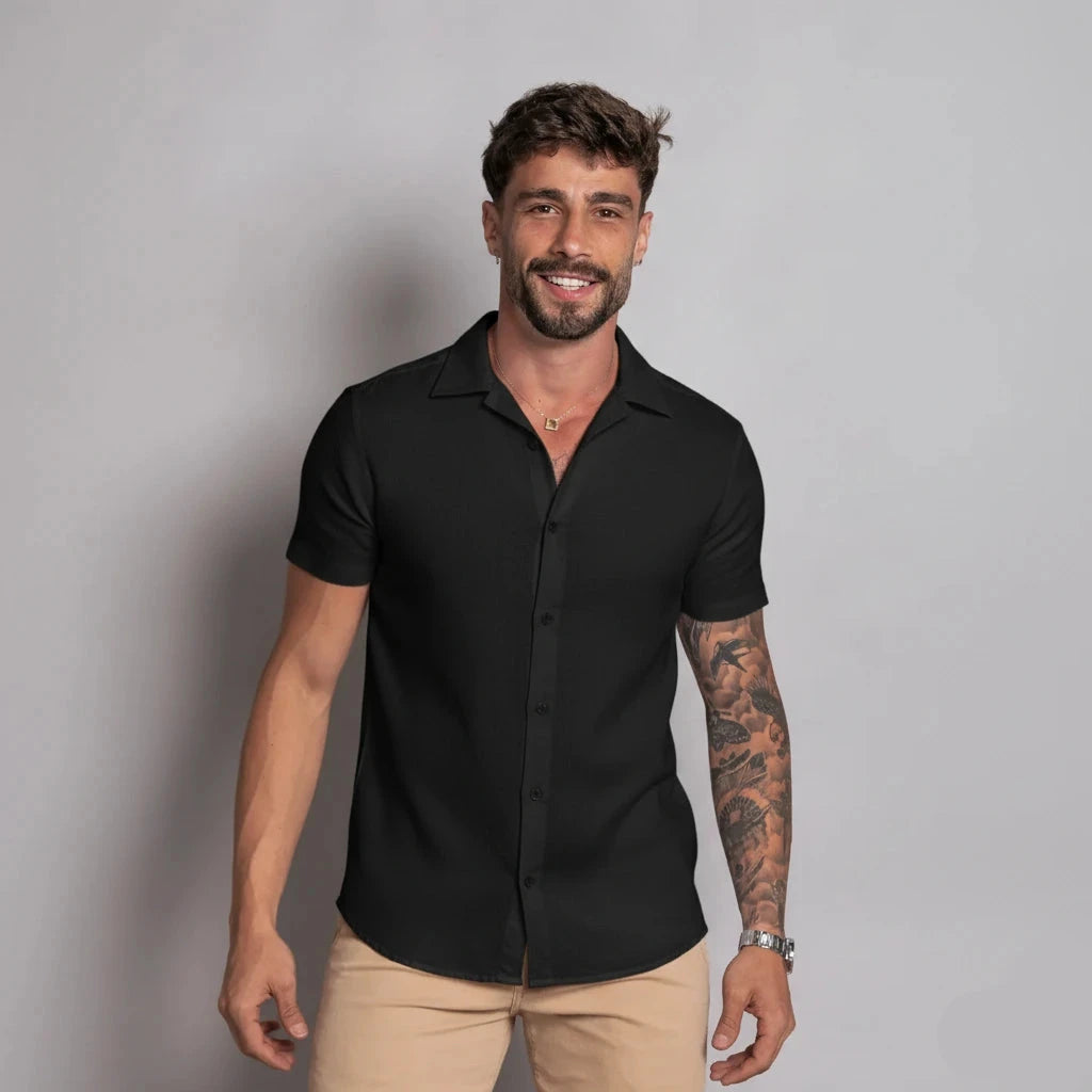 Camisa de Linho Gola Italiana Preta Camisa de Linho Falconne 