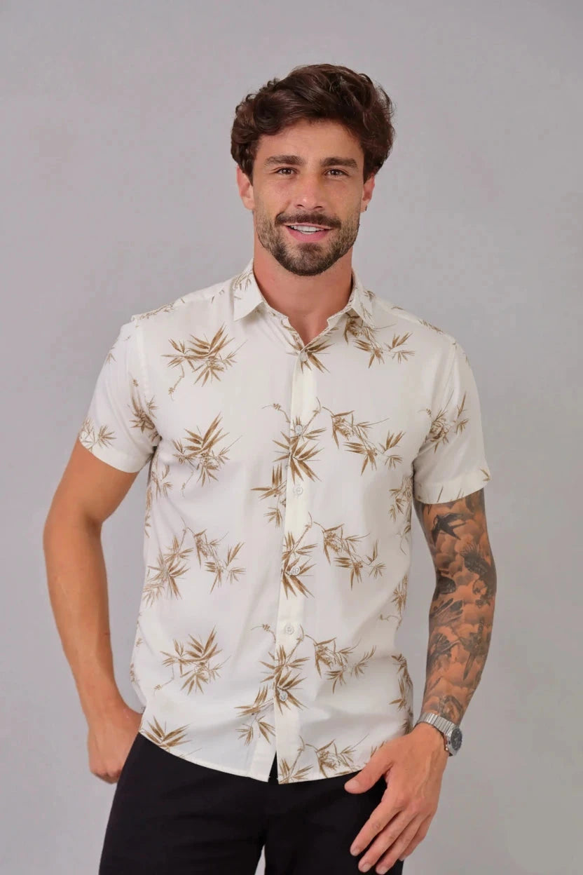 Camisa Social Florida Estampa Bambu Creme Camisa Social Falconne 
