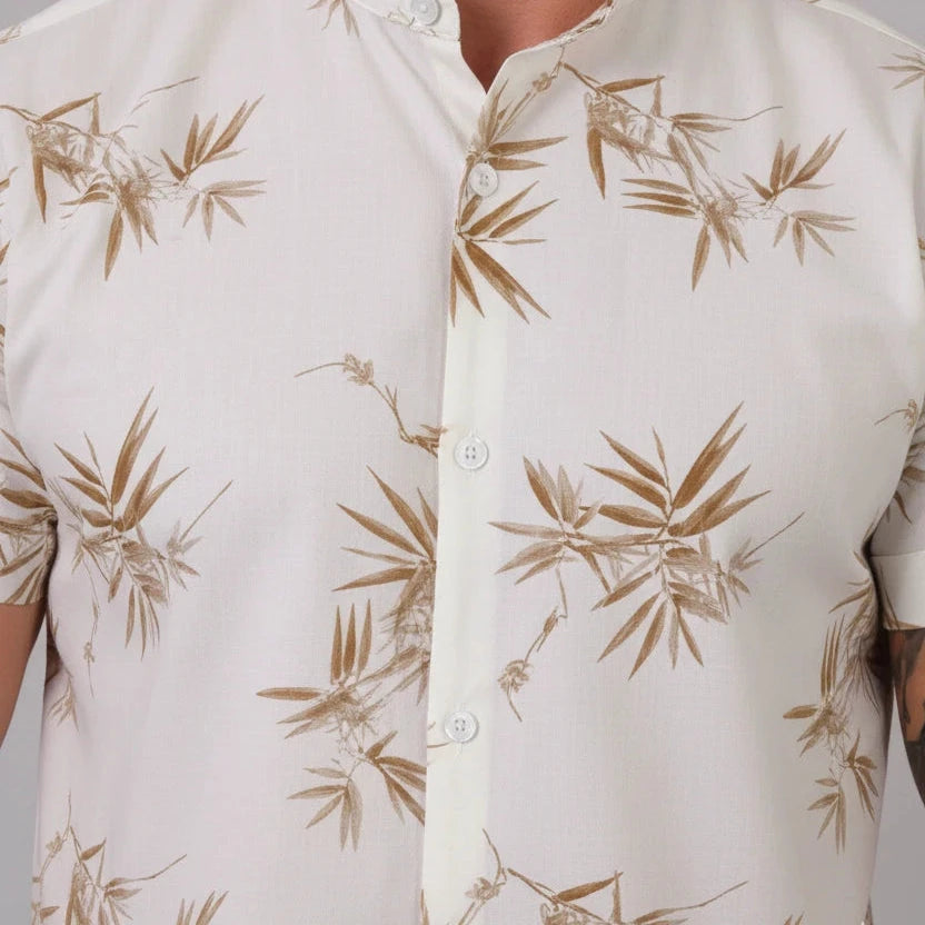Camisa Social Florida Estampa Bambu Creme Camisa Social Falconne 